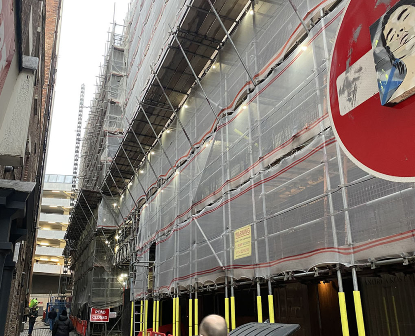 Complex scaffolding structure installed for refurbishment project in Liverpool